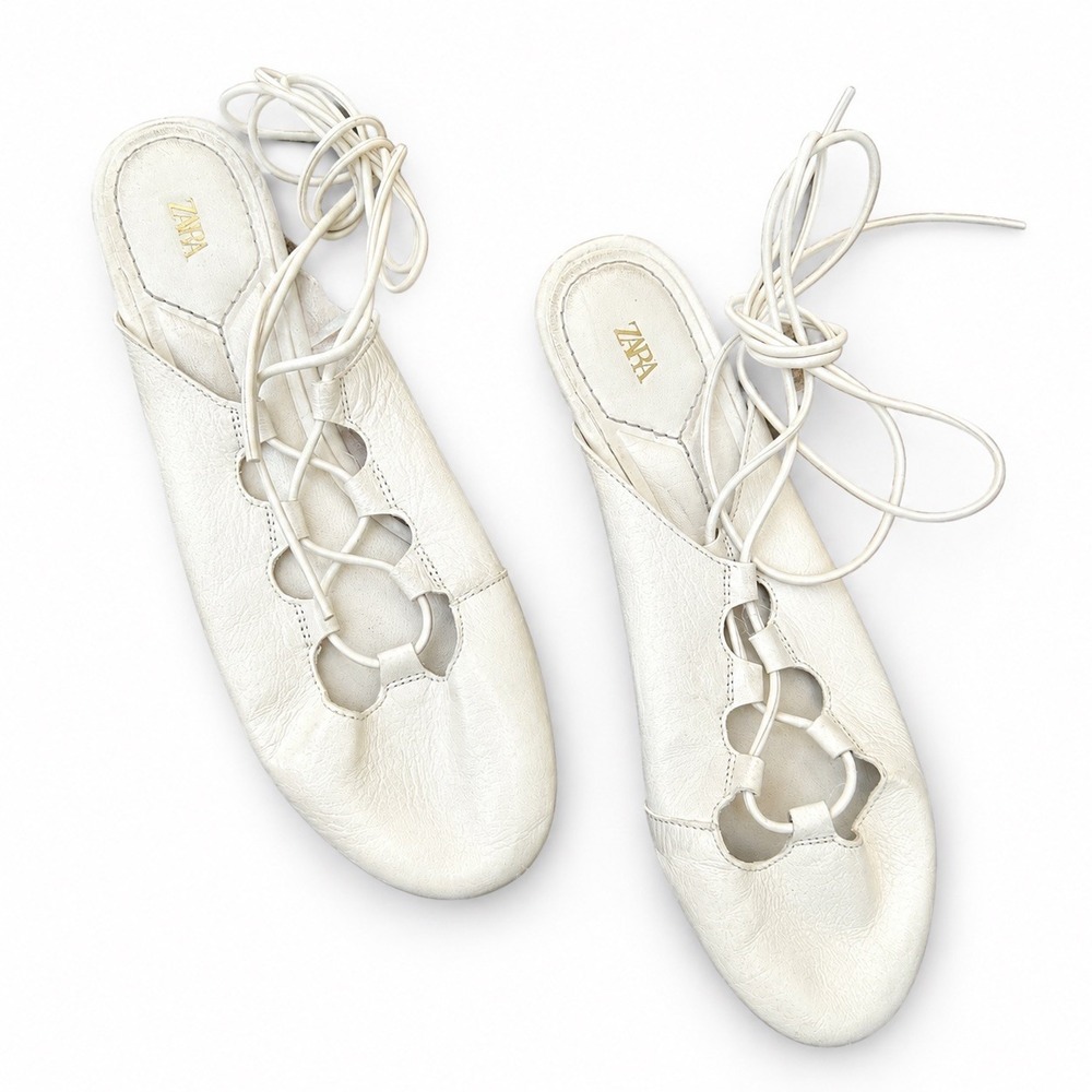 Zara Off White Leather Lace Up Ghillie Ballet Flats Ankle Tie Mules Size 38